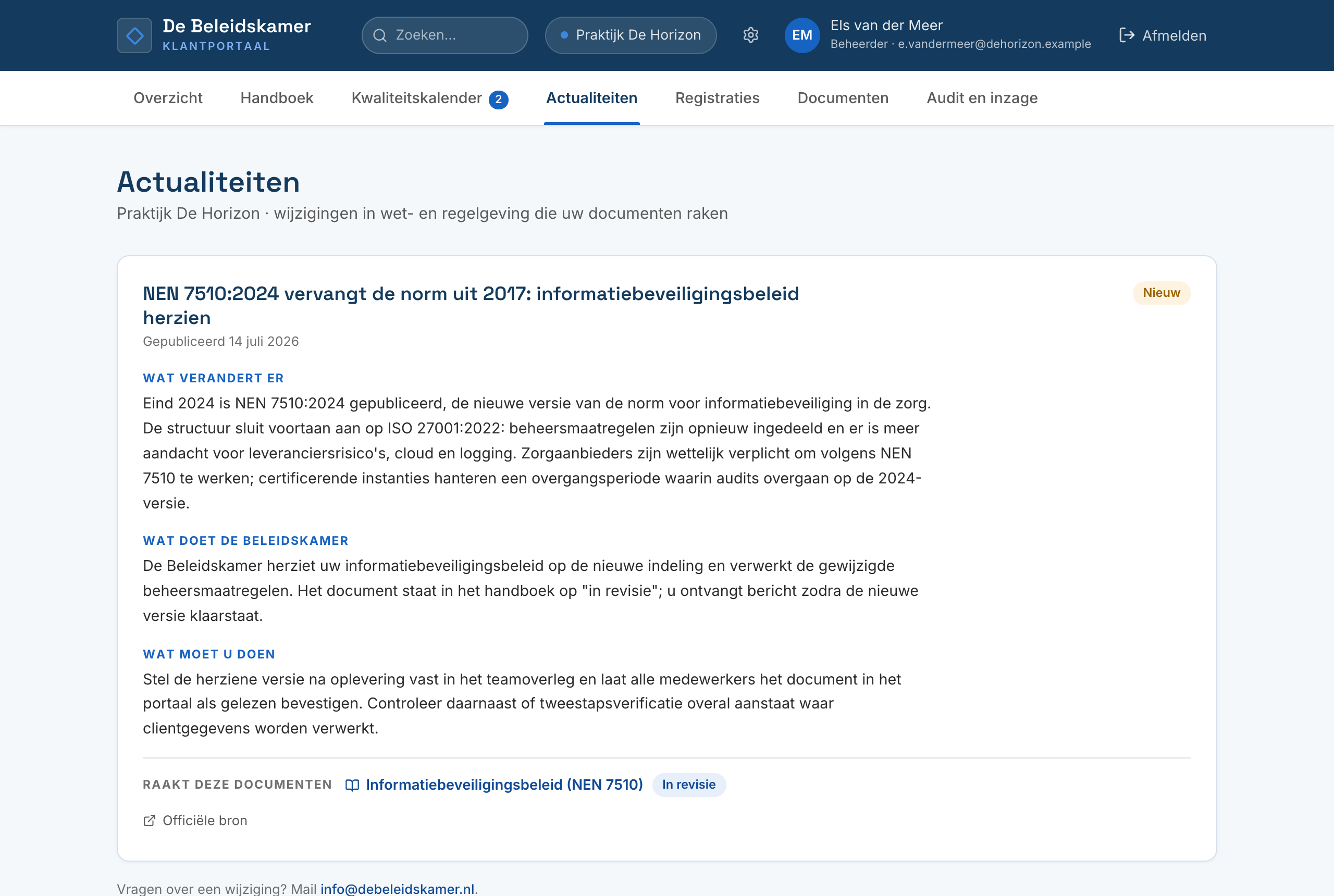 Schermafbeelding uit de demo-omgeving: de actualiteiten over wetswijzigingen in het klantportaal