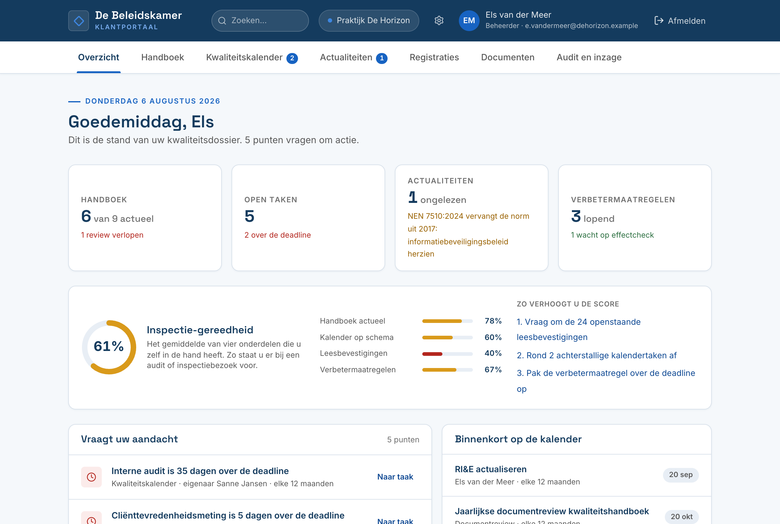 Schermafbeelding uit de demo-omgeving: de startpagina van het klantportaal met de inspectie-gereedheidsscore